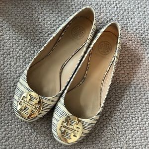 Tory Burch flats - size 7.5 - cream with blue stripes and gold emblem.